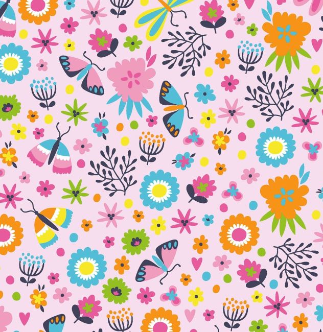 Bavlněný úplet ve světle růžové barvě s potiskem neonových květin a motýlků 17614/011