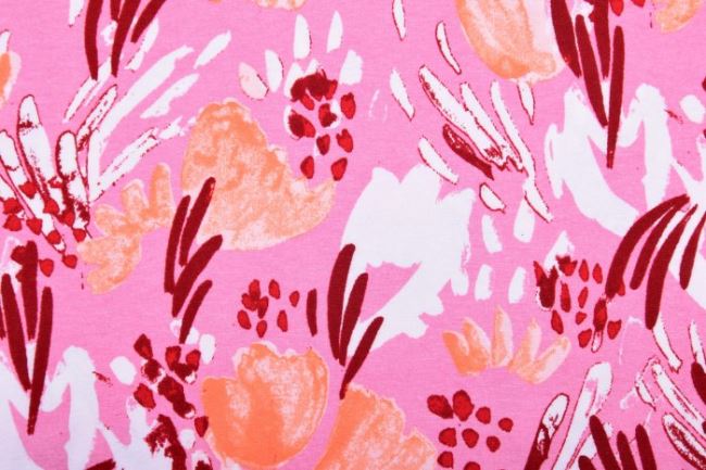 Viskózový úplet v růžové barvě s potiskem malovaných květin K4