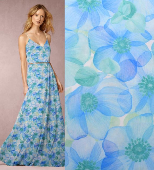 Umělé hedvábí Silky v bílé barvě s digitálním potiskem modrých květin AV2200005S