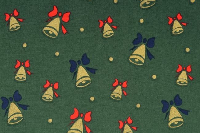 Vánoční zelená bavlna s motivem zvonků 05998/028