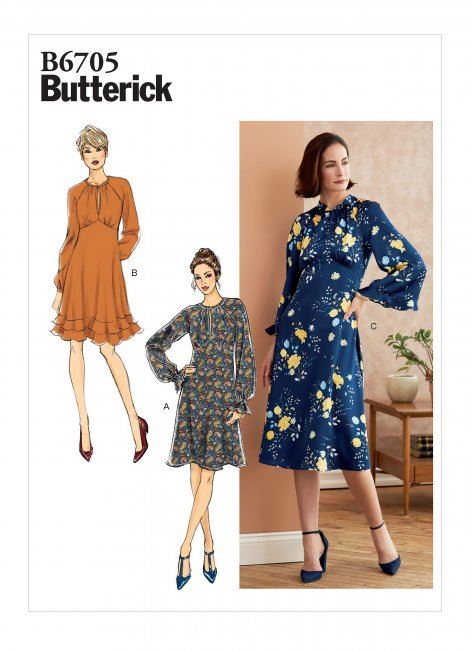 Střih Butterick na dámské šaty s řasením ve velikosti 44-52 B6705-E5