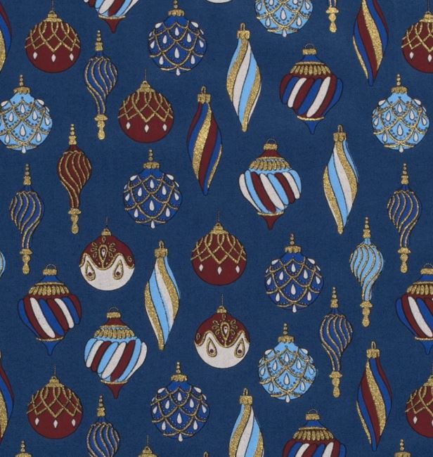 Vánoční látka z bavlny v modré barvě s potiskem vánočních ozdob 18713/008