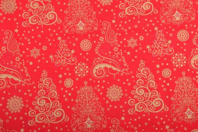Vánoční látka z bavlny v červené barvě s ornamenty 12706/015
