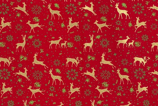 Vánoční látka z bavlny v červené barvě s potiskem jelenů 16722/015