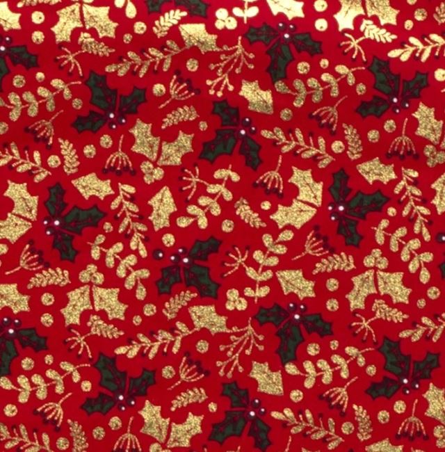 Vánoční látka z bavlny v červené barvě s potiskem větviček 18729/015