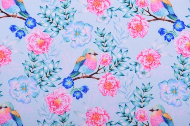 Softshell v modré barvě s potiskem ptáčků a květin 13140/004
