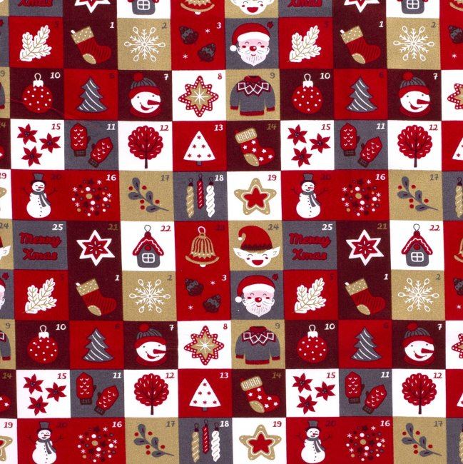 Vánoční látka z bavlny v červené barvě s potiskem adventního kalendáře 14712/015