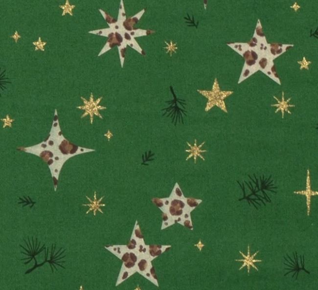 Vánoční látka z bavlny v zelené barvě s potiskem hvězd 18705/025