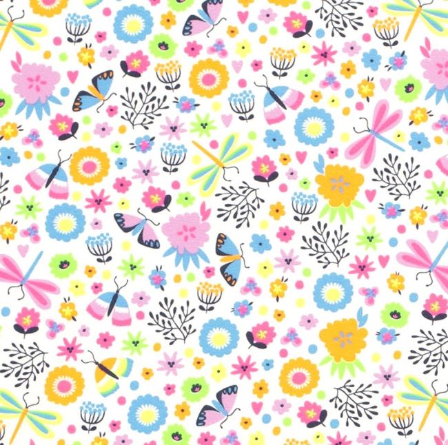 Bavlněný úplet v bílé barvě s potiskem neonových květin a motýlků 17614/050