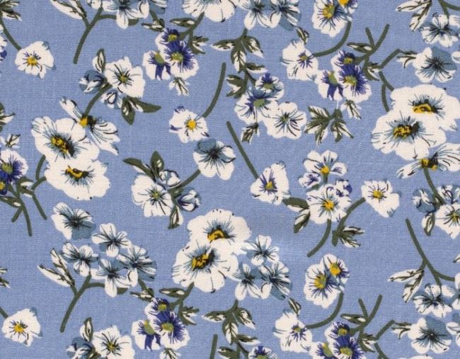 Viskózová pružná látka v modré barvě s potiskem drobných květin 13363/003