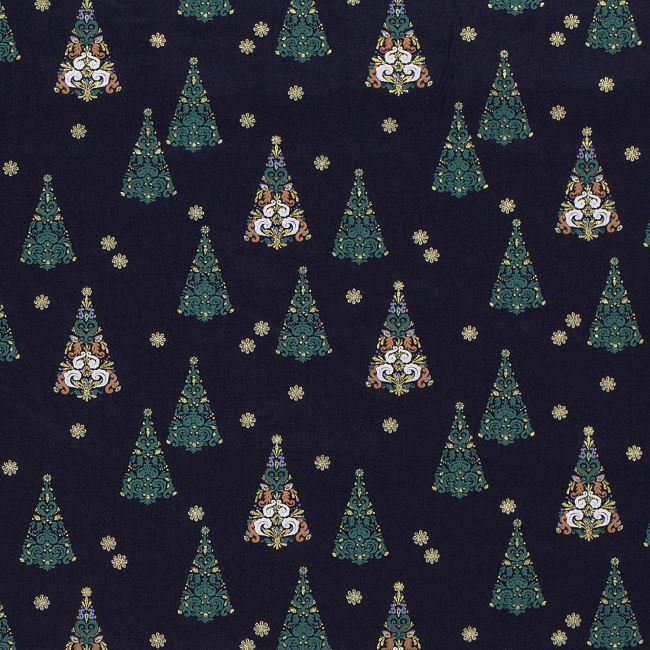 Vánoční látka z bavlny v modré barvě s potiskem ozdobných stromků 20742/008