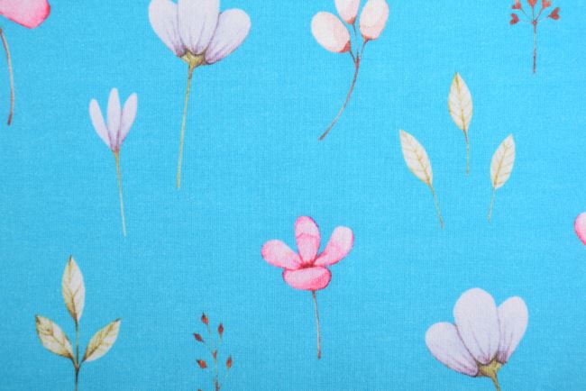 Bavlněný úplet v modré barvě s digitálním potiskem květin 187513