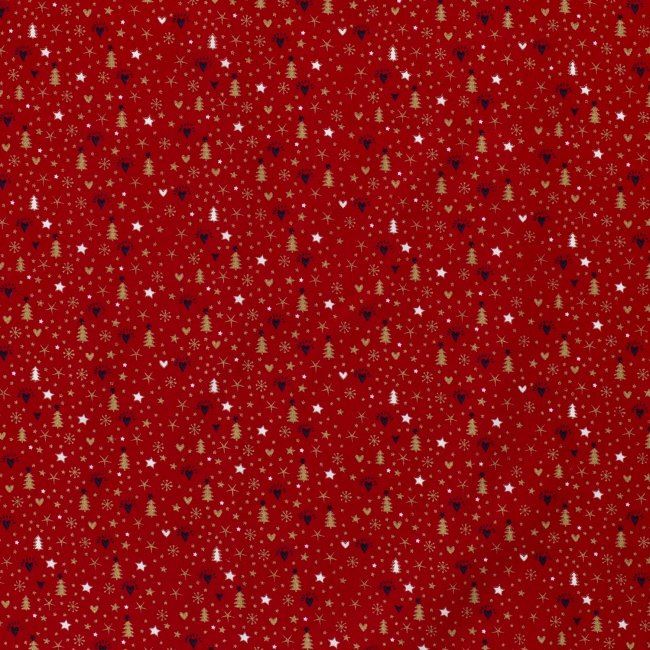 Vánoční látka z bavlny v červené barvě s tématický potiskem 14707/015