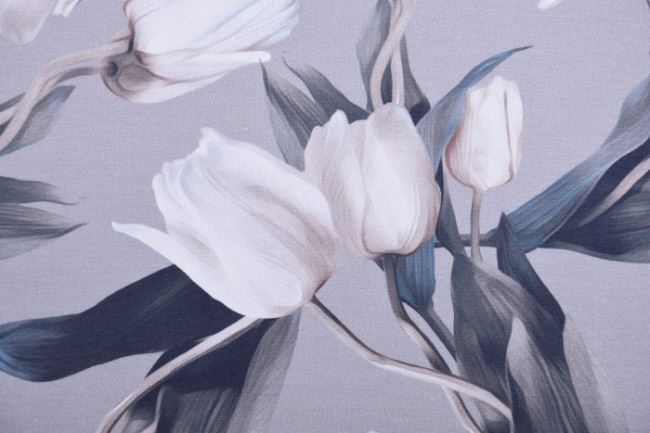 Bavlněný úplet v šedé barvě s digitálním potiskem tulipánů 13903-16