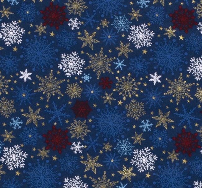 Vánoční látka z bavlny v modré barvě s potiskem sněhových vloček 18714/008