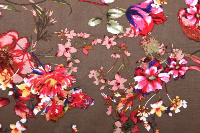 Viskózová látka v khaki barvě s potiskem květin 20160/027